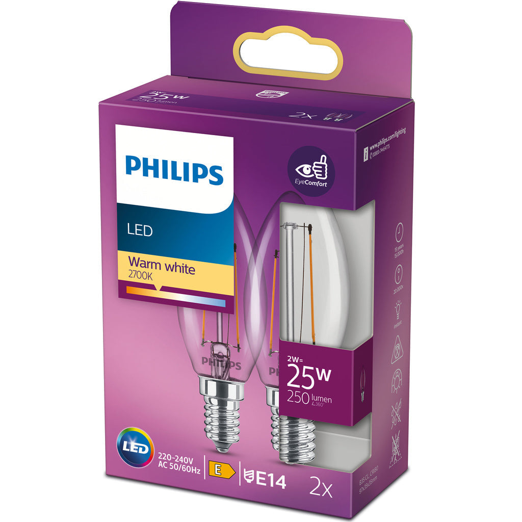 2-pack LED E14 Kron 2W (25W) Klar 250lm Philips