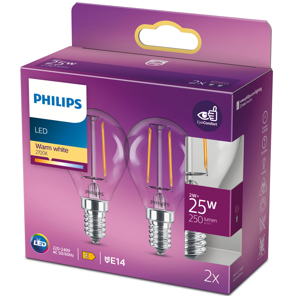 2-pack LED E14 Klot 2W (25W) Klar 250lm Philips