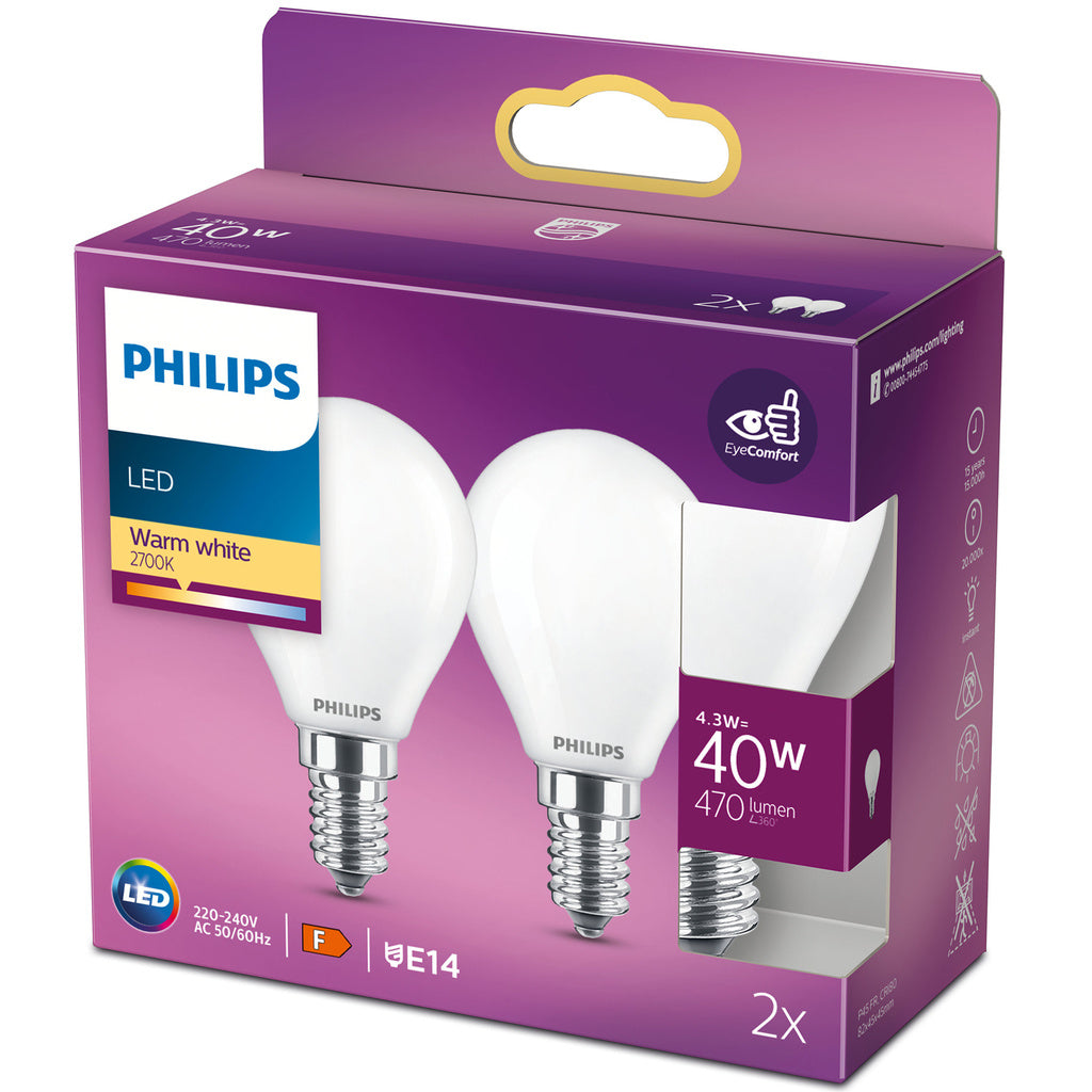2-pack LED E14 Klot 4,3W (40W) Frost 470lm Philips