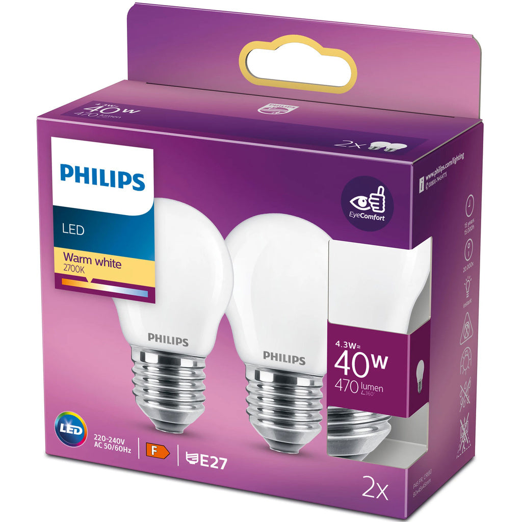 2-pack LED E27 P45 Klot 40W Frost 470lm Philips