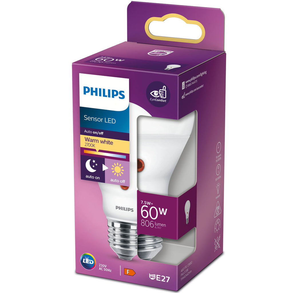 LED E27 Normal 60W Skymningssensor 806lm Philips