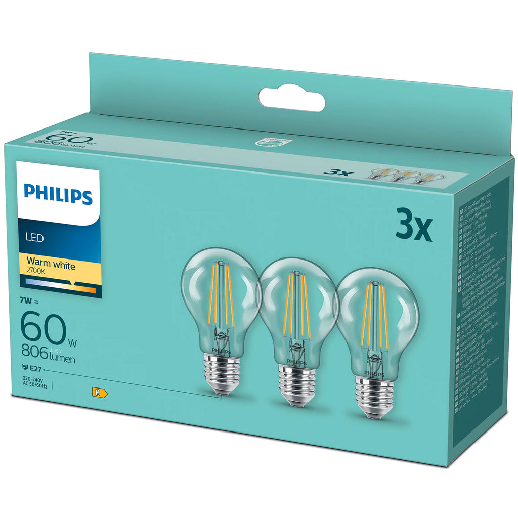3-pack LED E27 Normal Klar 60W 806lm Philips