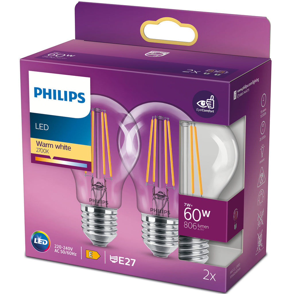 2-pack LED E27 Normal 7W (60W) Klar 806lm Philips