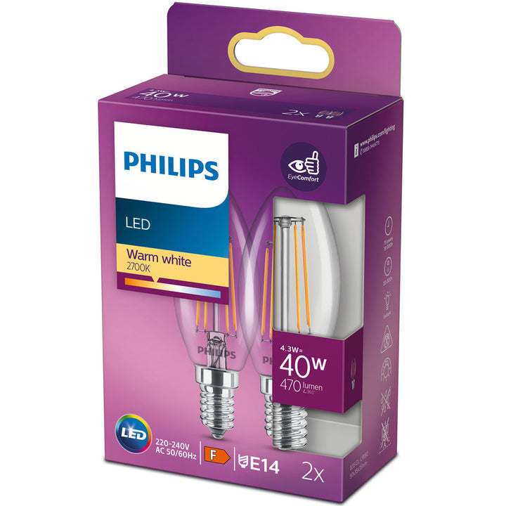 2-pack LED E14 Kron 4,3W (40W) Klar 470lm Philips