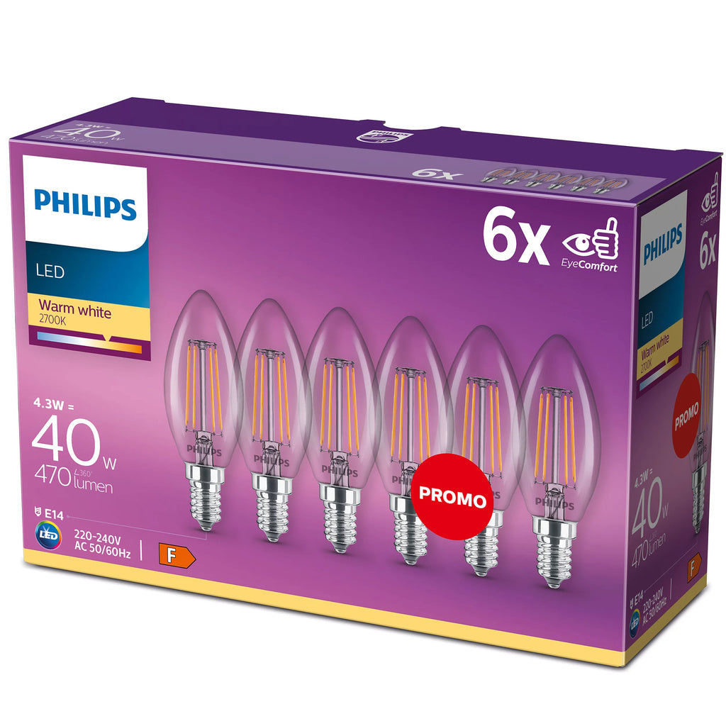 6-pack LED E14 Kron 4W (40W) Klar 470lm Philips