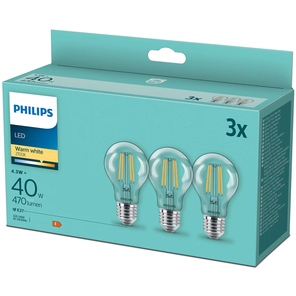 3-pack LED E27 Normal Klar 40W 470lm Philips