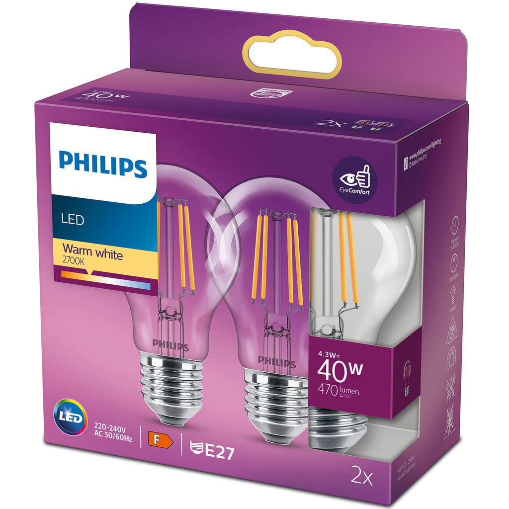 2-pack LED E27 Normal 4,3W (40W) Klar 470lm Philips