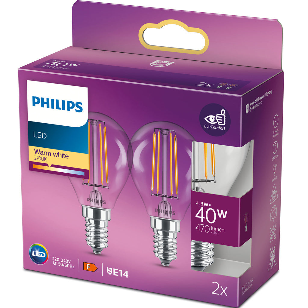 2-pack LED E14 Klot 4,3W (40W) Klar 470lm Philips
