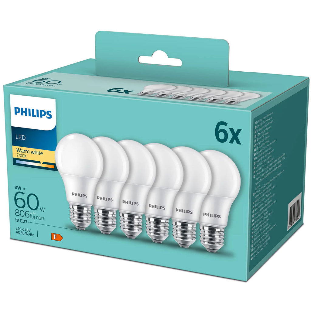 6-pack LED E27 Normal Frost 60W 806lm Philips