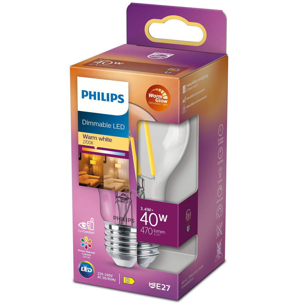 LED E27 Normal 3,4W (40W) Klar Dim WarmGl 470 Philips