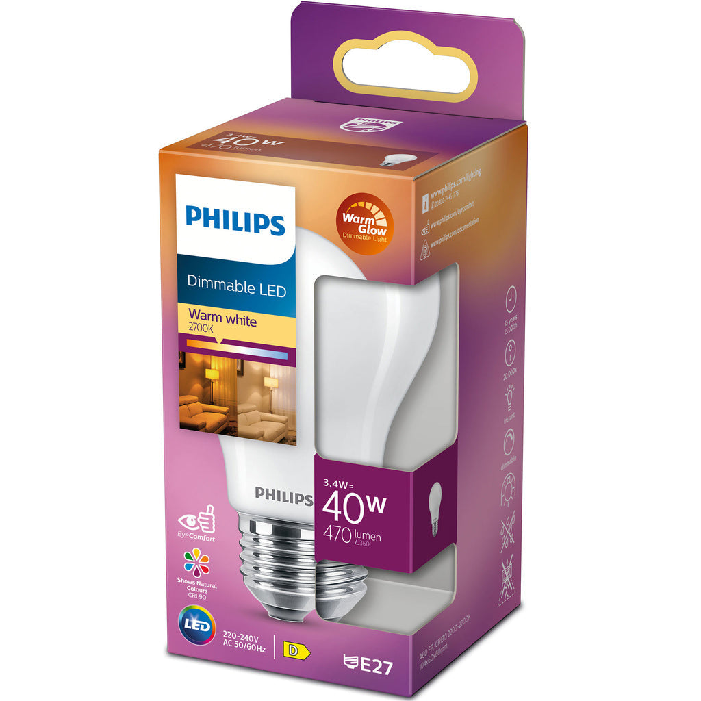 LED E27 Normal 40W Frost Dimbar WarmGl 470lm Philips