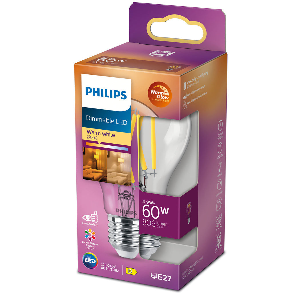 LED E27 Normal 60W Klar Dimbar WarmGlow 806lm Philips
