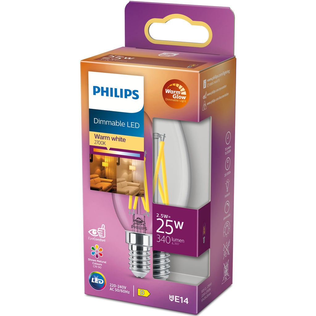 LED E14 Kron 2,5W (25W) Klar Dim WarmGlow 340 Philips