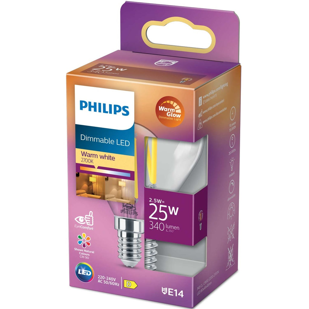 LED E14 Klot 2,5W (25W) Klar Dim WarmGlow 340 lm Philips