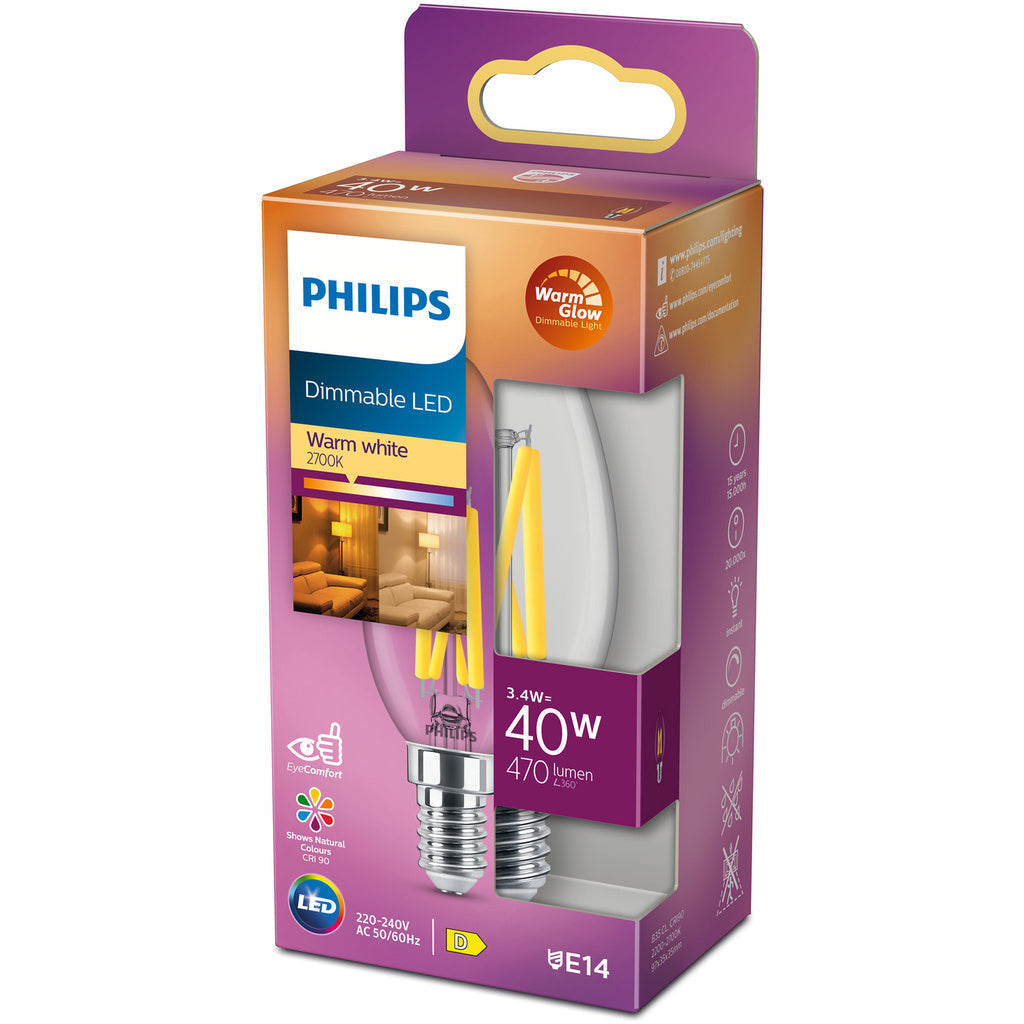 LED E14 Kron 3,4W (40W) Klar Dim WarmGlow 470 Philips