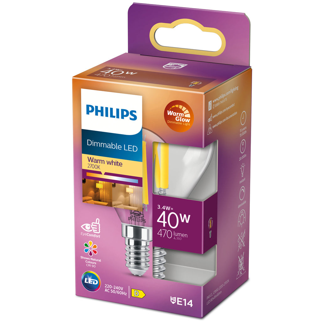 LED E14 Klot 3,4W (40W) Klar Dim WarmGlow 470 Philips