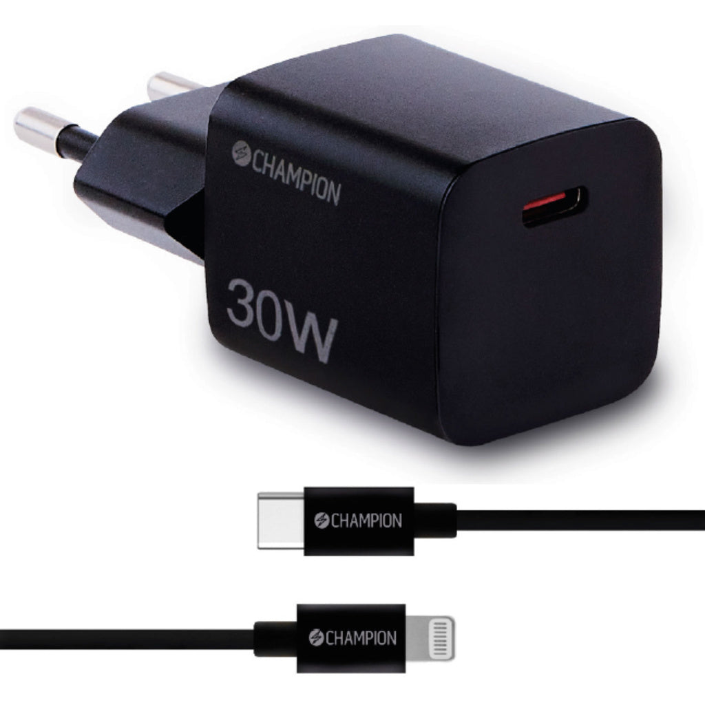 Laddare 30W + USB-C till Lightning Kabel Svart Champion