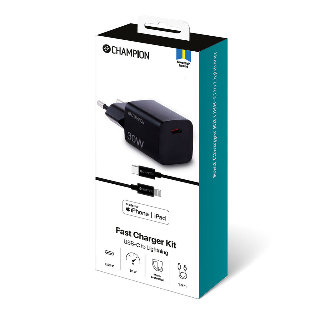 Laddare 30W + USB-C till Lightning Kabel Svart Champion