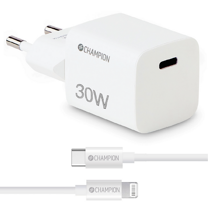 Laddare 30W + USB-C till Lightning Kabel Vit Champion