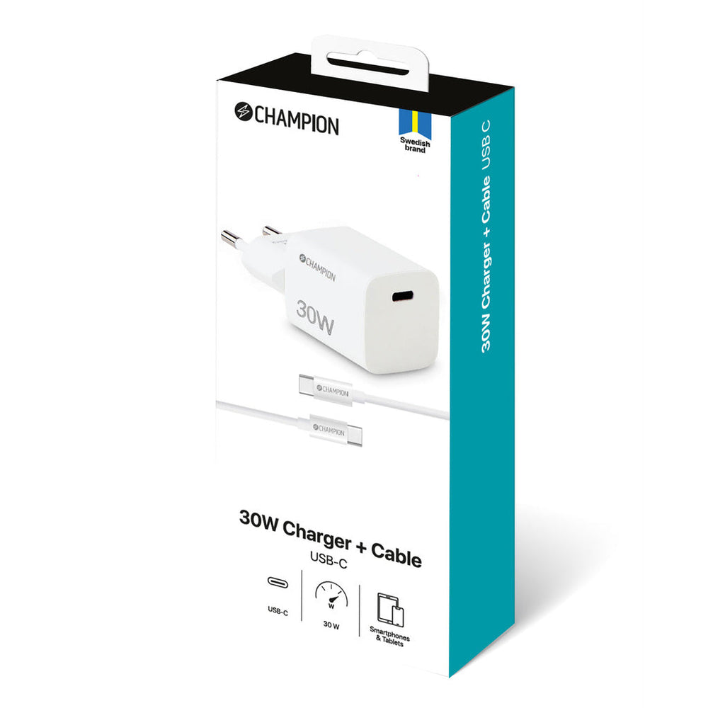 Laddare 30W + USB-C Kabel Vit Champion