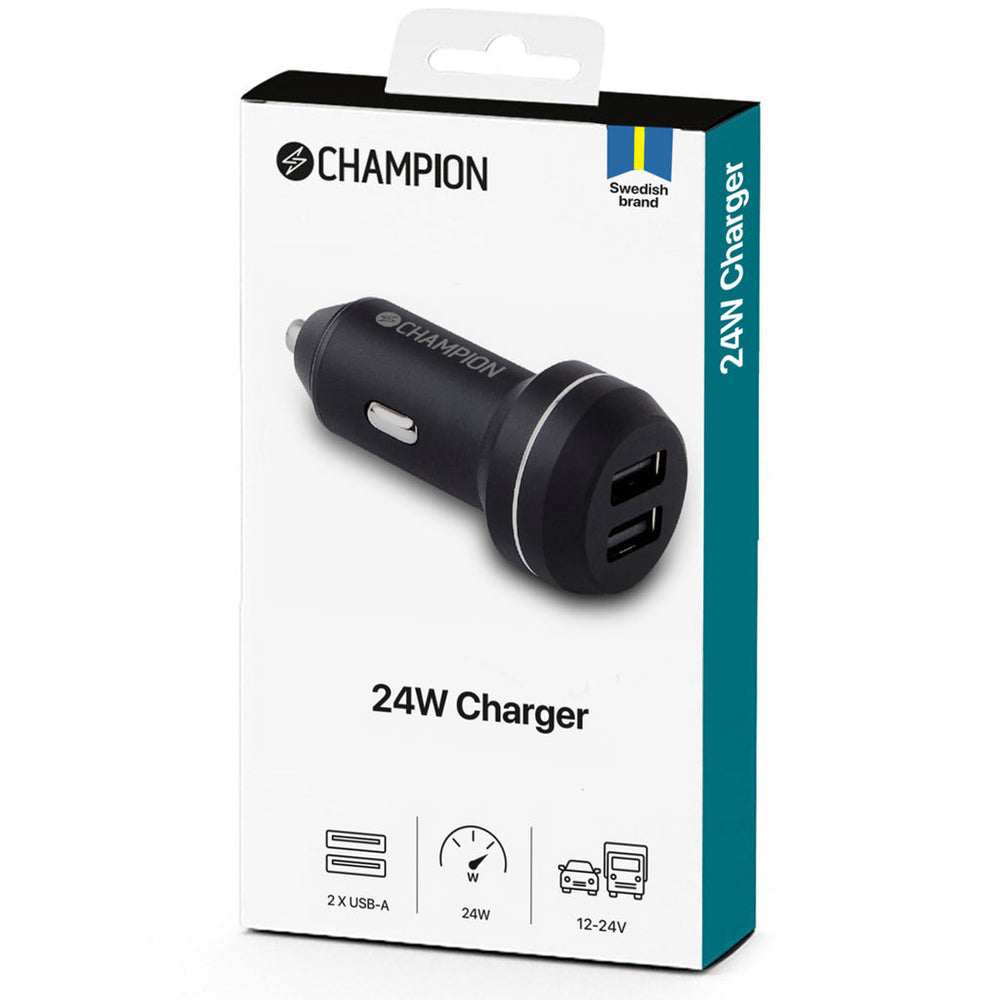 Billaddare 24W 2-Port Svart Champion