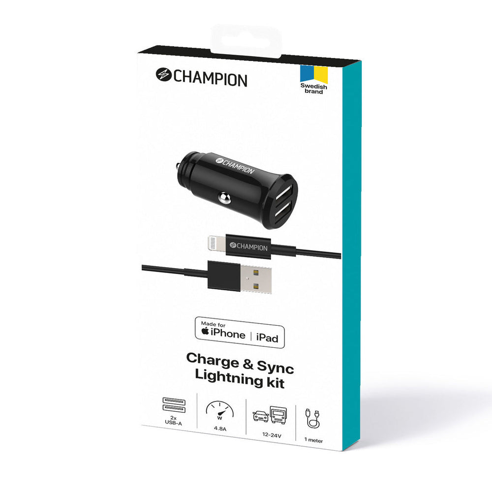 Billaddare 24W + USB-A till Lightning Kabel Svart Champion