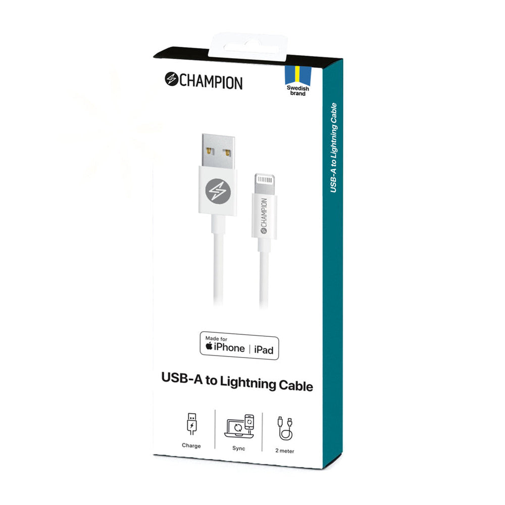 USB-A till Lightning Kabel 2m Vit Champion