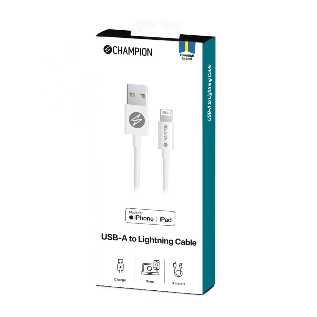 USB-A till Lightning Kabel 3m Vit Champion