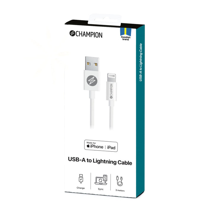 USB-A till Lightning Kabel 3m Vit Champion