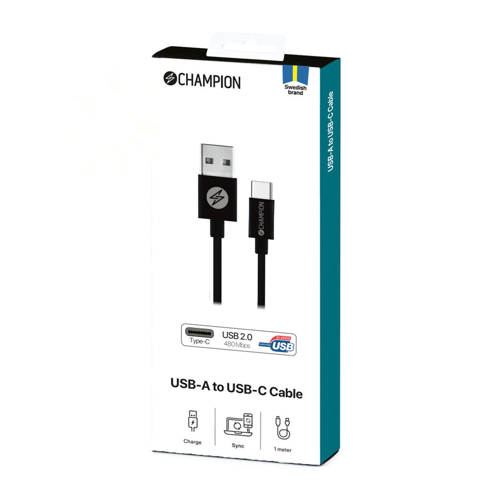 USB-A till USB-C Kabel 1m Svart Champion