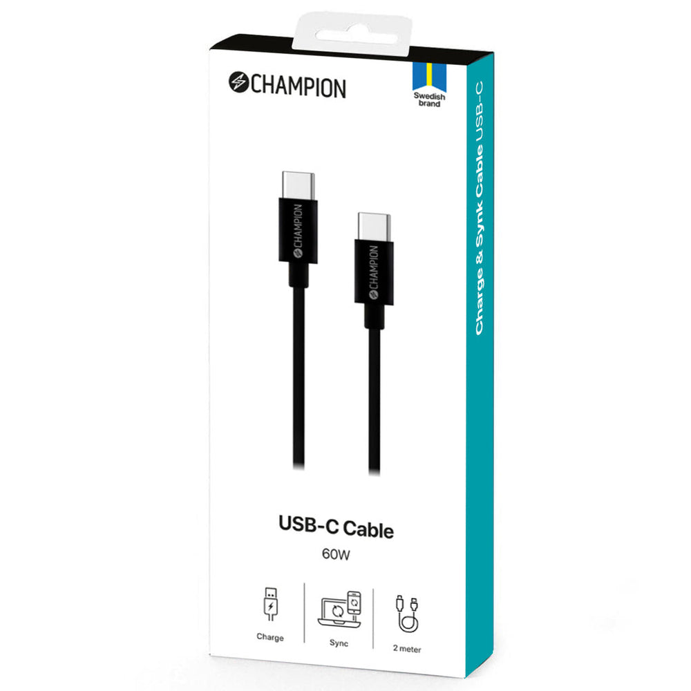 USB-C Kabel 60W 2m Svart Champion