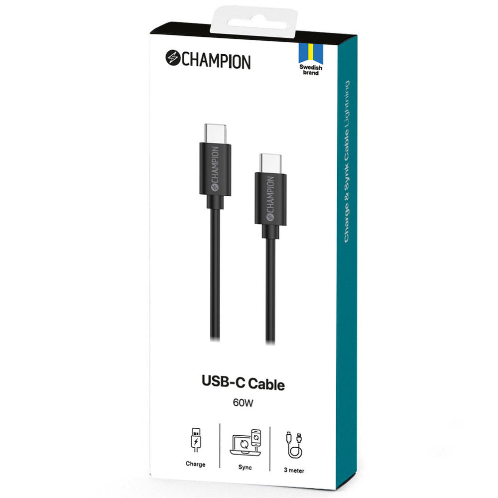 USB-C Kabel 60W 3m Svart Champion