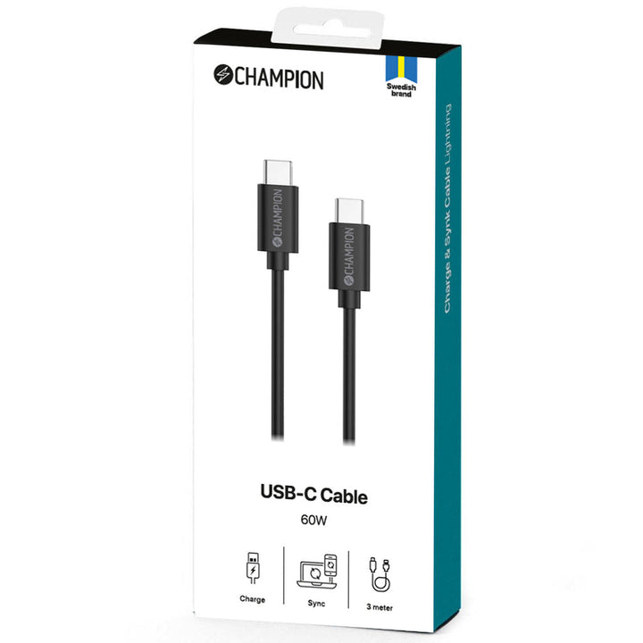 USB-C Kabel 60W 3m Svart Champion