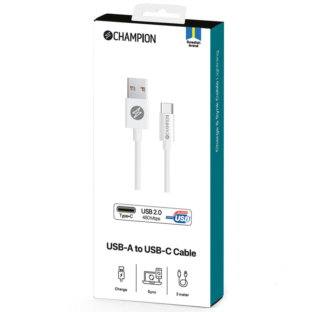 USB-A till USB-C Kabel 2m Vit Champion