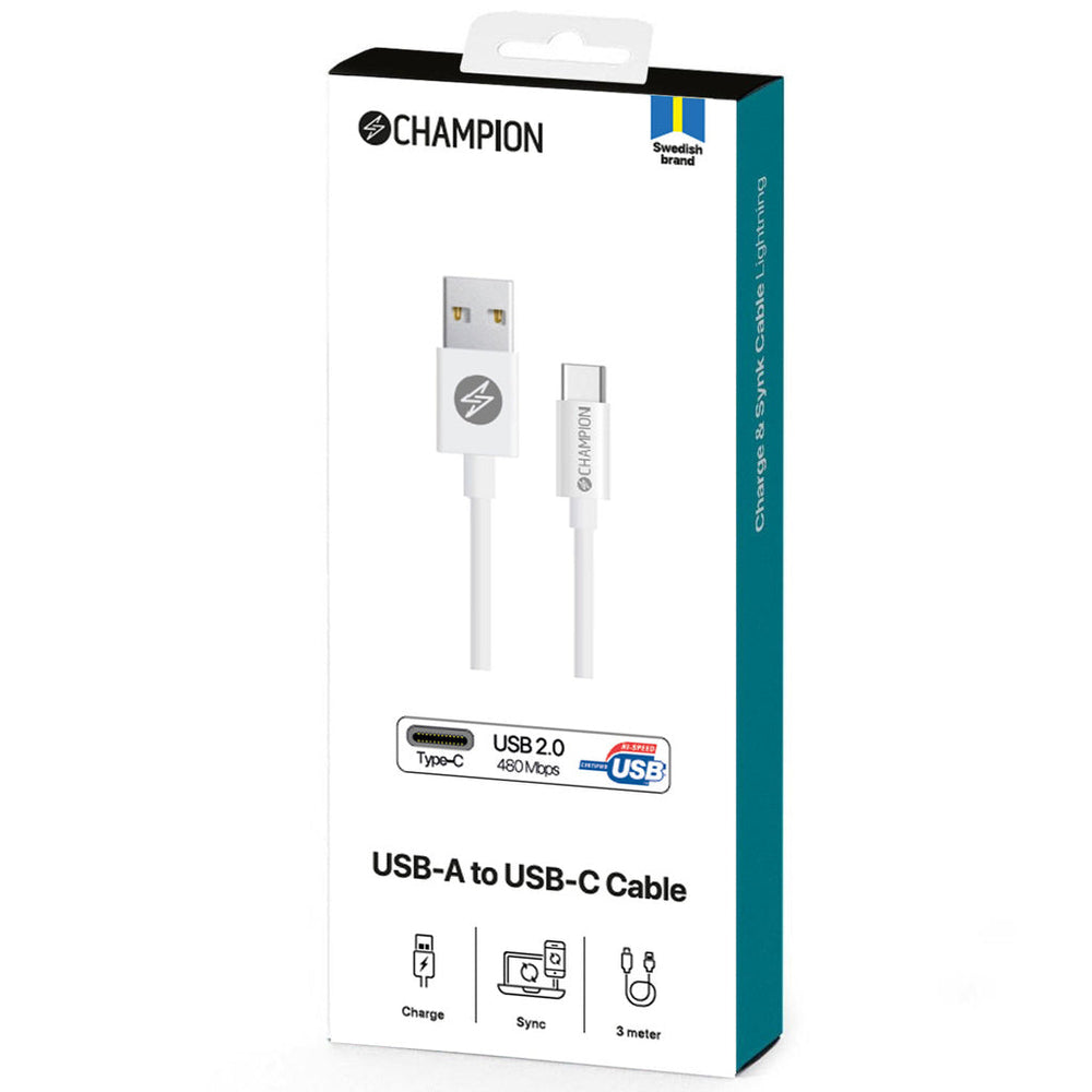 USB-A till USB-C Kabel 3m Vit Champion