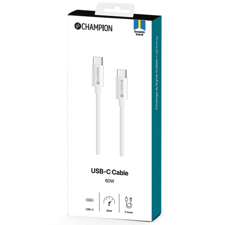 USB-C Kabel 60W 2m Vit Champion