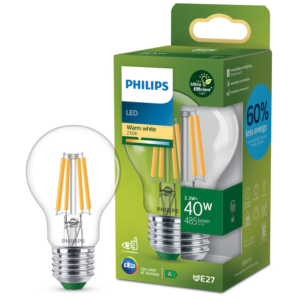 LED E27 Normal 2,3W (40W) Klar 485lm 2700K Energiklass A Philips