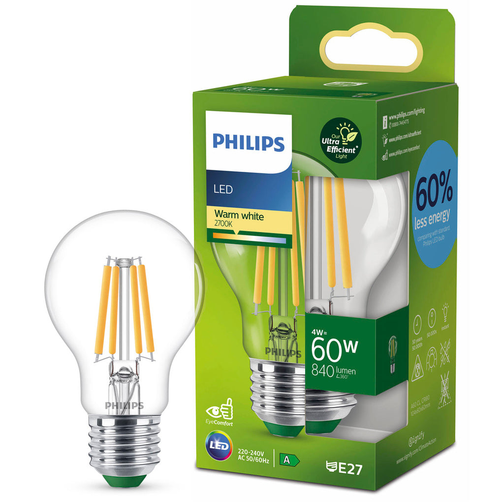 LED E27 Normal 4W (60W) Klar 840lm 2700K Energiklass A Philips