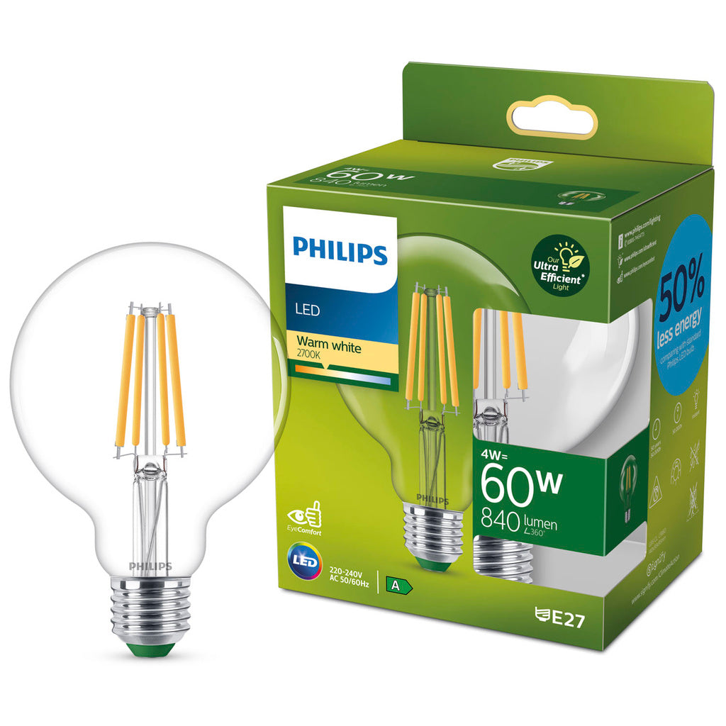 LED E27 G95 Glob 4W (60W) Klar 840lm 2700K Energiklass A Philips