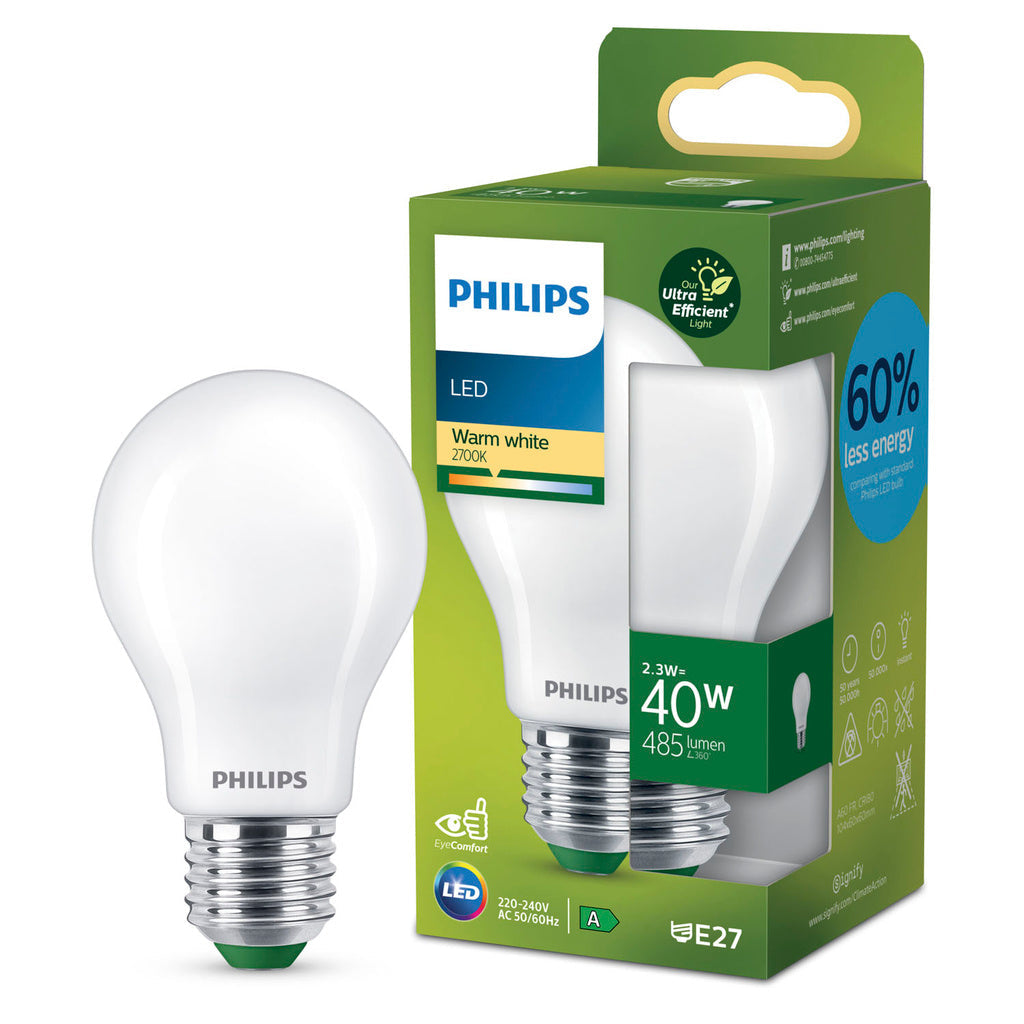 LED E27 Normal 2,3W (40W) Frostad 485lm 2700K Energiklass A Philips