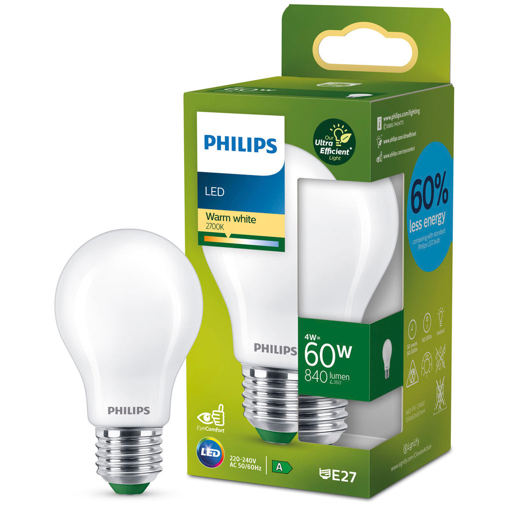 LED E27 Normal 4W (60W) Frostad 840lm 2700K Energiklass A Philips