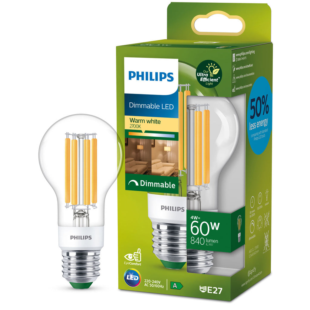 LED E27 Normal 4W (60W) Klar Dimbar 840lm 2700K Energiklass A Philips