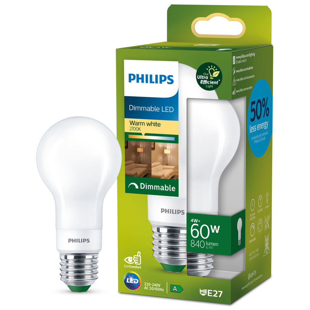 LED E27 Normal 4W (60W) Frost Dimbar 840lm 2700K Energiklass A Philips
