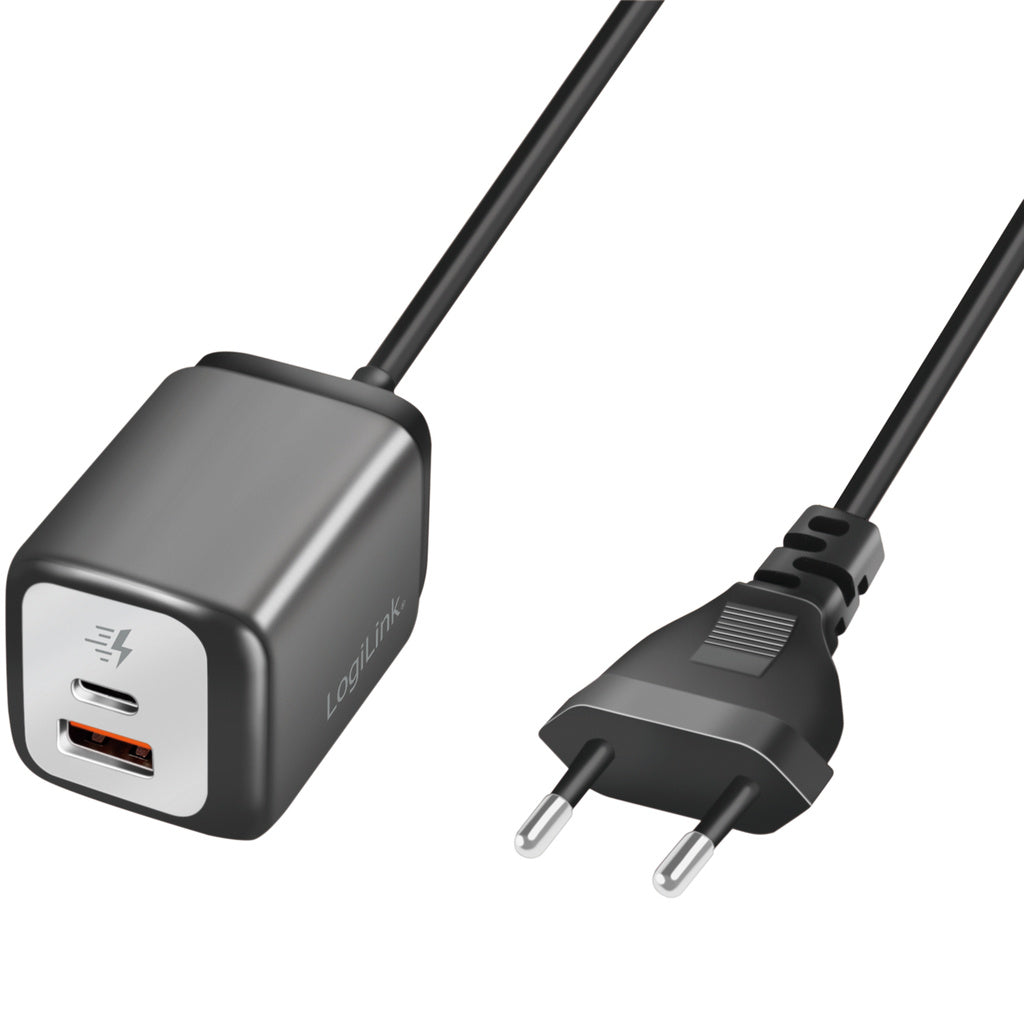 USB-laddare 1xUSB-A + 1xUSB-C med fast kabel 1,5m GaN 30W LogiLink