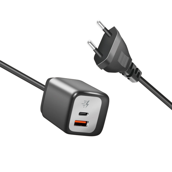 USB-laddare 1xUSB-A + 1xUSB-C med fast kabel 1,5m GaN 30W LogiLink
