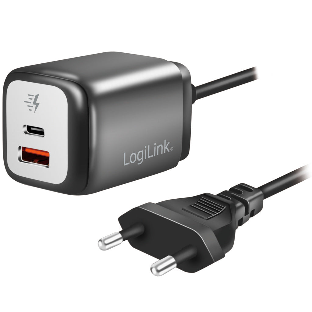 USB-laddare 1xUSB-A + 1xUSB-C med fast kabel 1,5m GaN 30W LogiLink