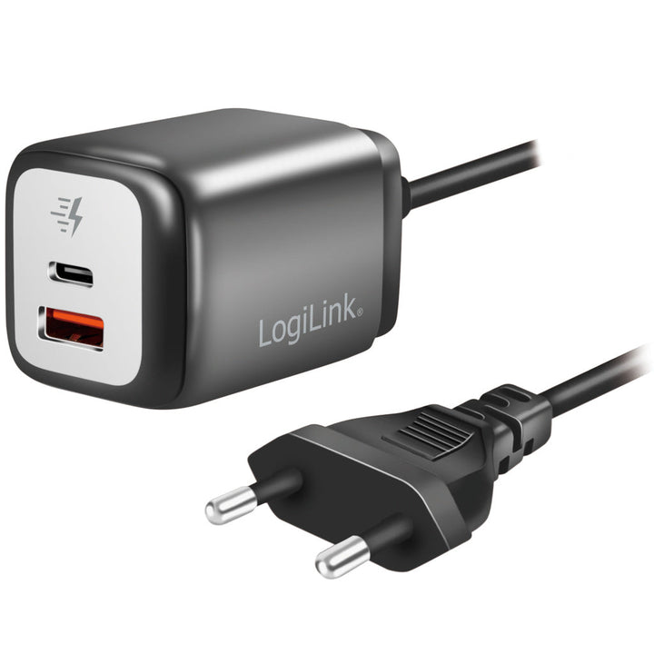 USB-laddare 1xUSB-A + 1xUSB-C med fast kabel 1,5m GaN 30W LogiLink