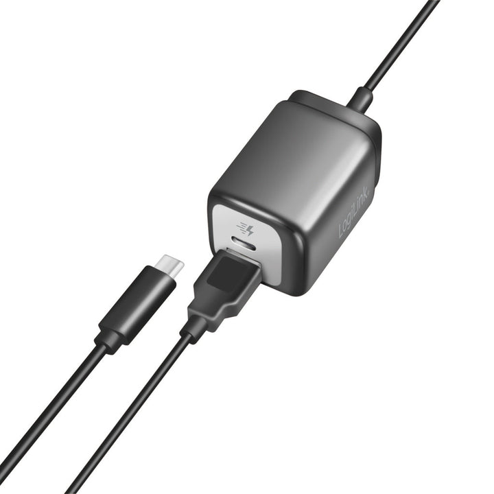 USB-laddare 1xUSB-A + 1xUSB-C med fast kabel 1,5m GaN 30W LogiLink