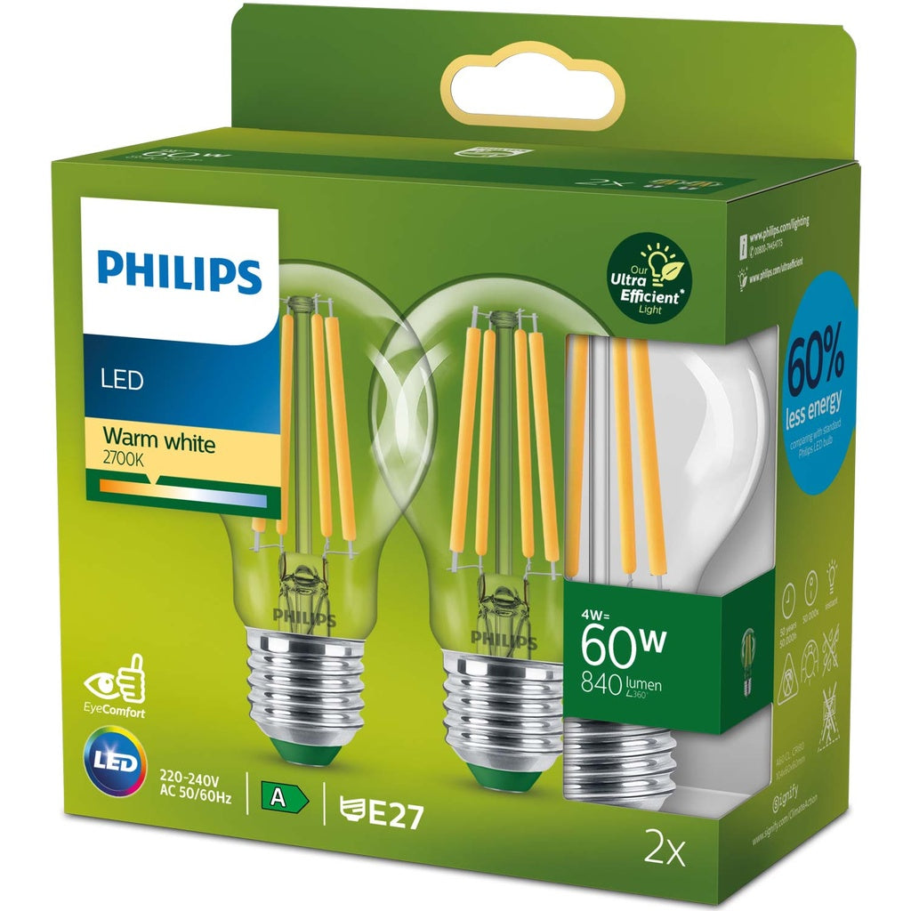2-pack LED E27 Normal 4W (60W) Klar 840lm 2700K Energiklass A Philips