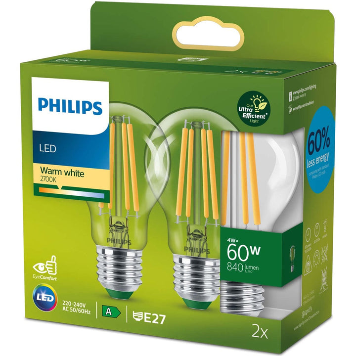 2-pack LED E27 Normal 4W (60W) Klar 840lm 2700K Energiklass A Philips